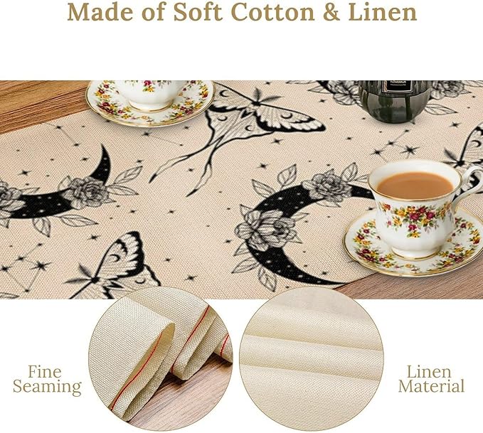 Boho Moth Table Runner,Retro Flower Moon Starlit Stars Butterfly Print Table Runner for Wedding Holiday Party Farmhouse Home Decor 13x90in