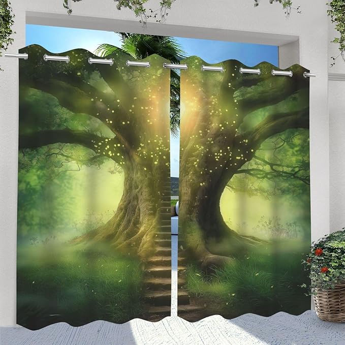 Fantasy Theme Waterproof Indoor/Outdoor Curtains,Forest Pattern,Privacy Weatherproof Grommet Outside Curtains for Porch, Pergola, Cabana,2 Panel,W54 x L96,Green