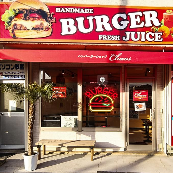 JFLLamp BURGER Neon Signs for Wall Decor Neon Lights for Bedroom Led Business Signs Suitable for Hamburger Restaurant Office Man Cave Beer Bar Pub 5V Power Adapter, 14.1 * 10 Inch(Red+ Warm White)