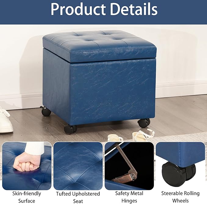 Homebeez Faux Leather Storage Ottoman with Steerable Rolling Wheels, 17.7" Square Small Foot Rest Stool Tufted Cube Footstool with Hinged Lid, Load 300 lb, for Living Room, Bedroom, Entryway, Blue