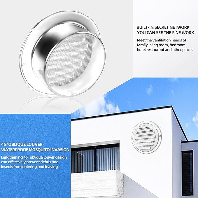 4'' Shiny Silver Paint Stainless Steel Air Vents, Louvered Grille Cover Vent Hood Flat Ducting Ventilation Air Vent Wall Air Outlet with Fly Screen Mesh for House (4 inch Shiny Silver Paint Cover)