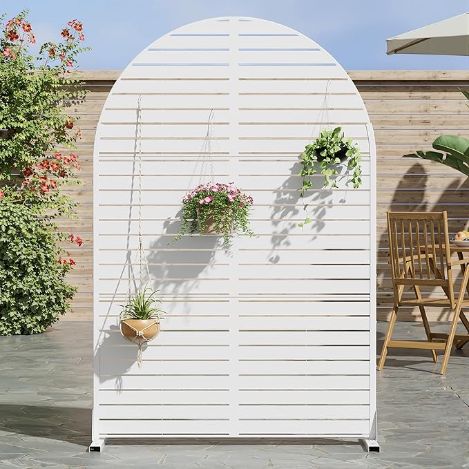 Casaphoria 72" H x 47" W Arched Metal Privacy Screen - Elegant Freestanding Outdoor Screen for Deck, Patio & Balcony - Versatile Decorative Privacy Panels for Home & Garden Use (White-Louvered)