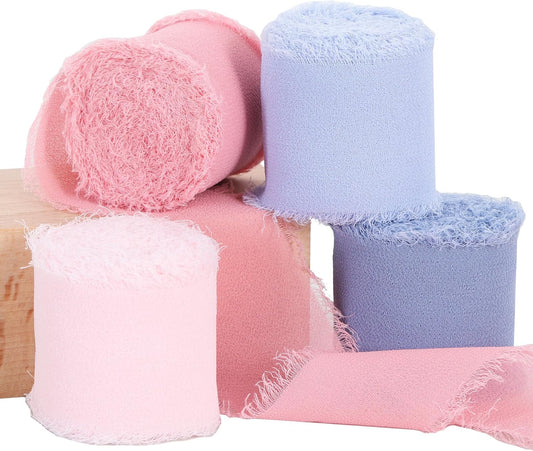 TONIFUL 4 Rolls Pink & Blue Chiffon Ribbon 1 1/2 Inch 5.5 Yards Fabric Silk for Gift Wrapping, Wedding Party Decoration, Flower Bouquet, Bows Making, DIY Crafts