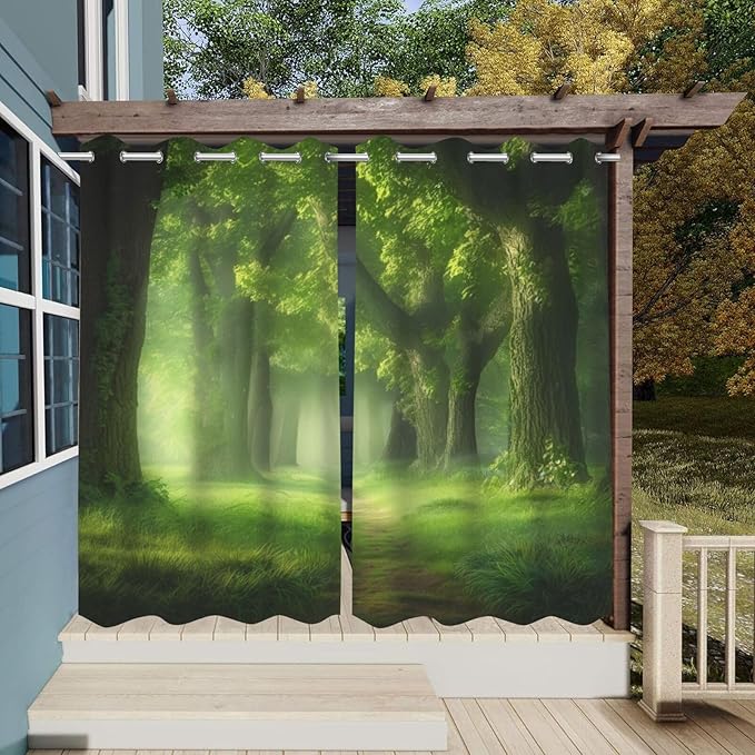 Forest Theme Waterproof Outdoor Curtains for Patio,Dawn Trees Jungle Pattern,UV and Fade Resistant Outside Curtains for Gazebo, Front Porch, Pergola,2 Panels,36 x 84 inch,Green