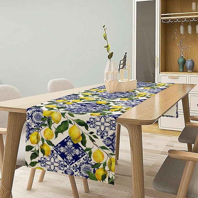 Lemon Fruit Nature Table Runner Farmhouse Talavera Ethnic Folk Rustic Watercolor Blue Dining Table Decoration for Home Holiday Party Dresser Kitchen Cabin Restaurant Wedding Decor 13×90in
