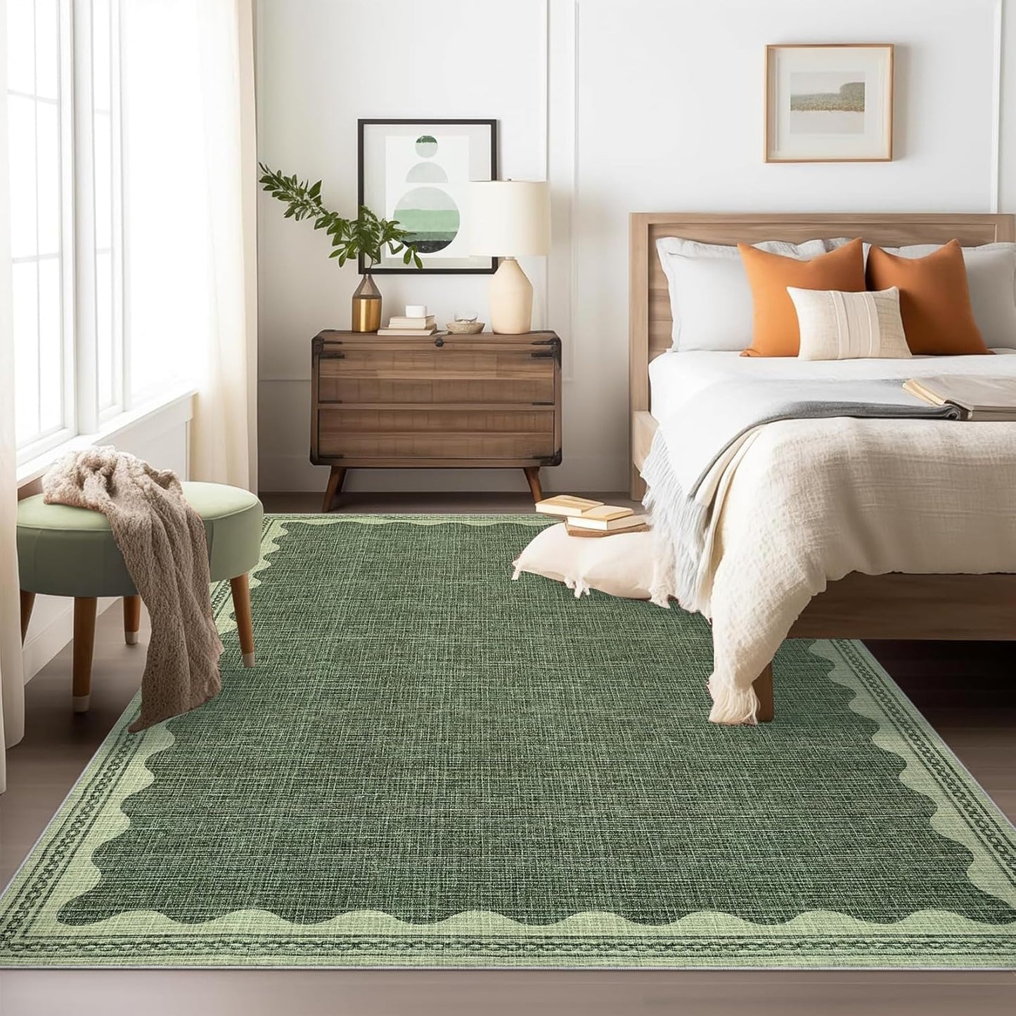 Scalloped Washable Rug 5x7 Area Rugs for Living Room, Solid Green Rug for Bedroom Girls, Non Slip Scalloped Throw Mat with Rubber Back, Soft Dorm Nursery Low Pile Carpet for Dining Room