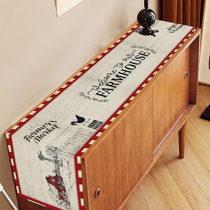 Farmhouse Table Runner, Rustic Country Barn Cottage Rooster Check Animal Plank Coffee Table Center Decor for Home Kitchen Dining Patio Holiday Party Indoor Outdoor Table Decorations 13"x36"
