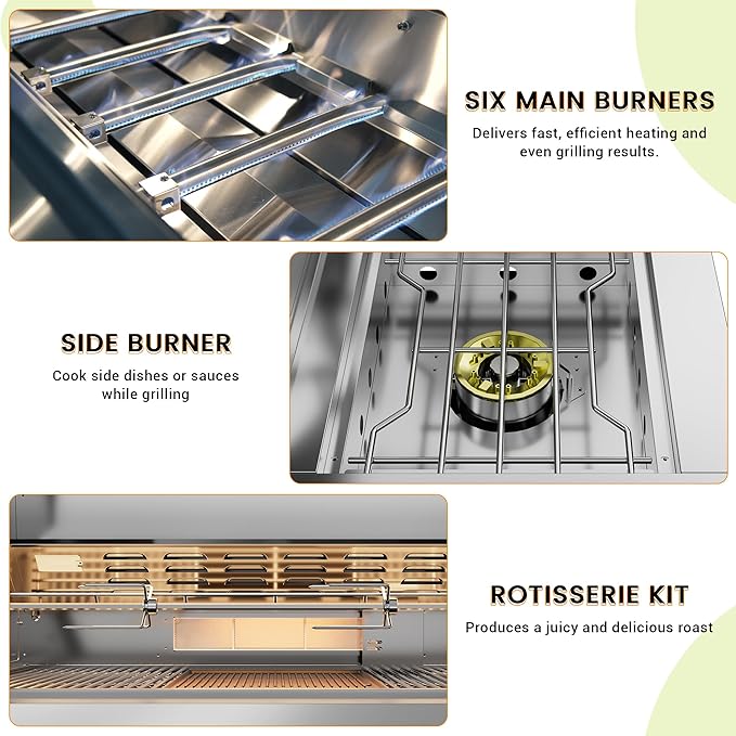 CT Copper Tailor 6-Burner Outdoor Kitchen BBQ Grill Island 99,000 BTUs with Sink, Fridge, Rear Burner, Side Burner, Storage Cabinets & Drawers, Cover, Stainless Steel with Natural Gas Kit)