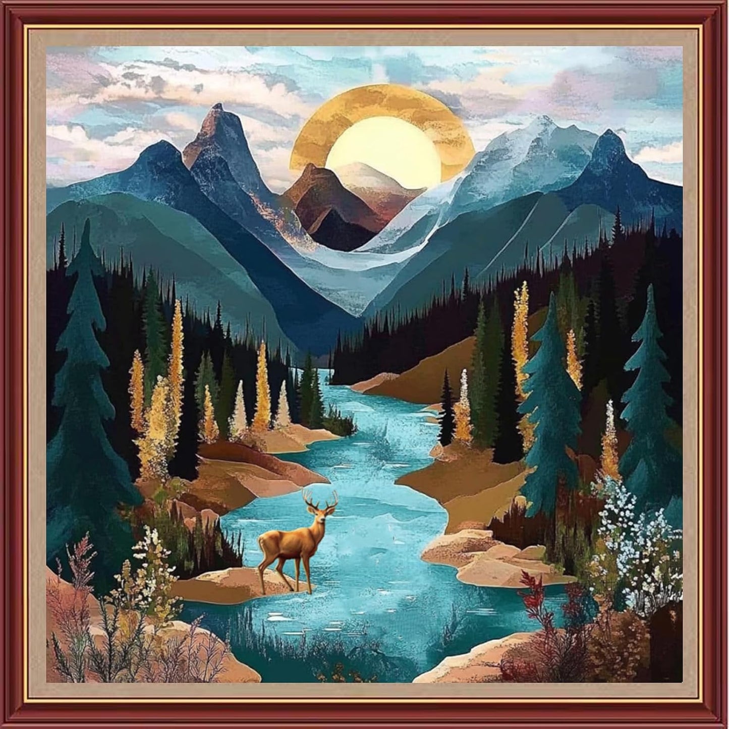DMCXART Counted Cross Stitch Kits for Adults Needlepoint Kits Unprinted Cross Stitching Embroidery Kit 11CT Cross Stitch Supplies-Landscape of Mountains and Rivers 18x18 inch