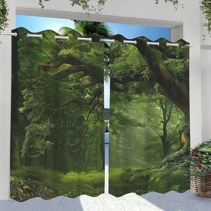 Nature Theme Outdoor Curtains for Patio Waterproof,Forest Pattern,Privacy Curtains for Porch Pergola Arbor Lanai Pool House Outside Deck,Set of 2 Panels,W54 x L108,Green