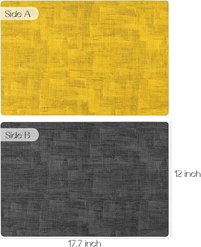 Romanstile Reversible Vinyl Placemats Set of 8, Faux Leather 100% Waterproof Oil-Proof Wipeable Place Mats, Heat Resistant Dual Sided Table Mats for Kitchen/Dining/Party (Grey Yellow, 12 x 17 Inch)