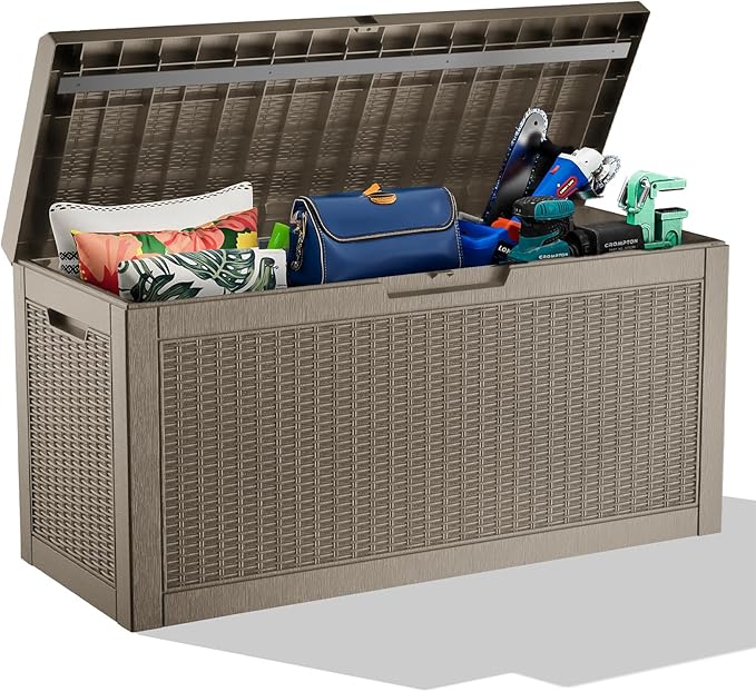 60 Gallon Deck Box,Resin Outdoor Storage Box with Lockable for Patio Furniture, Pool Accessories, Garden Tools, Waterproof Outside Storage Box, Grey