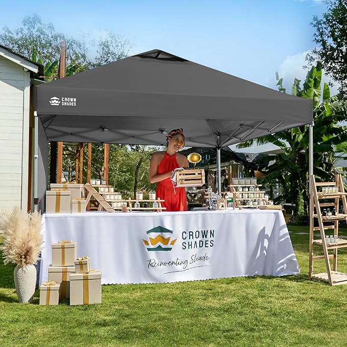 CROWN SHADES 10x10 Pop Up Canopy with 1 Side Wall - Beach Tent with One Push Setup - Outdoor Sun Shade for Events, Parties, Camping - Gazebo with STO-N-Go Cover Bag (Grid Grey)