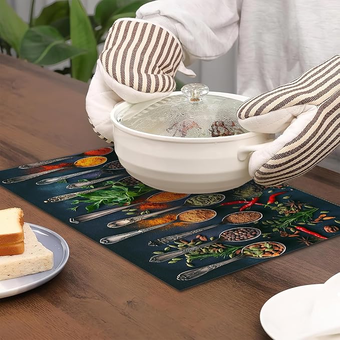 Various Herbs Placemats Set of 6,Spices for Cooking Table Mates Non-Slip Heat Resistant Washable Linen Place Mats for Party Kitchen Dining Decoration Indoor Outdoor 12"x18"