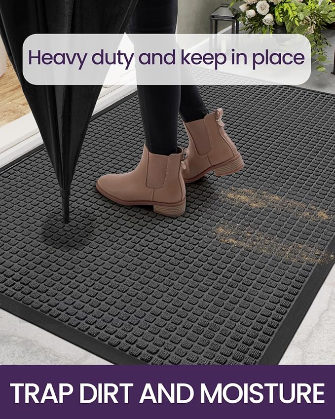 DEXI Front Door Mat Outside Entrance, 3x5 ft Rubber Entry Doormat Heavy Duty, Welcome Mats Non Slip for Inside House Floor Entryway Back Doors Exterior Patio, Squares Grey