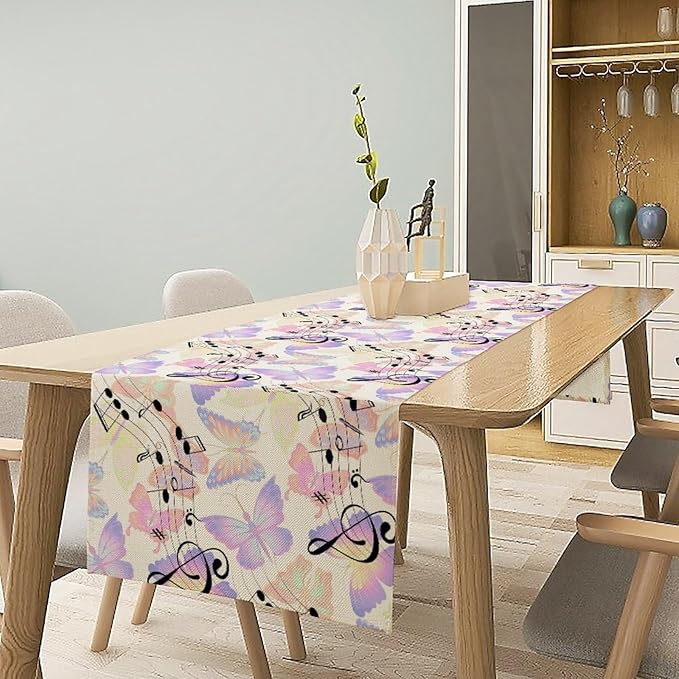 Music Butterfly Table Runner, Beautiful Musical Notes Spring Butterfly Background Print Table Runner for Holiday Kitchen Dining Outdoor Home Party 13x90in