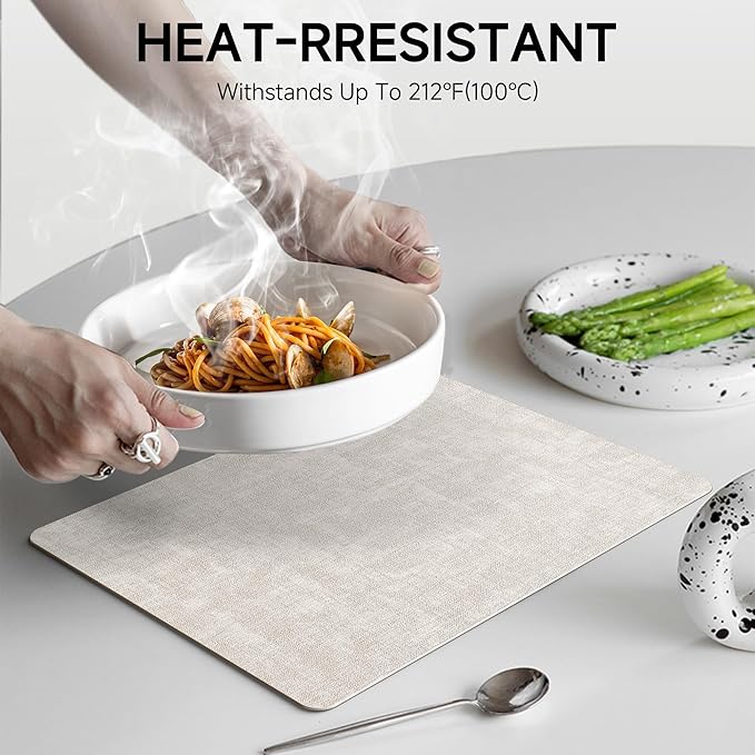 Faux Leather Vinyl Placemats Set of 4 Wipeable Heat Resistant Place Mats 100% Washable - Waterproof - Anti Slip Reversible Table Mats for Kitchen/Dining/Party, 12" x 16.5", Beige