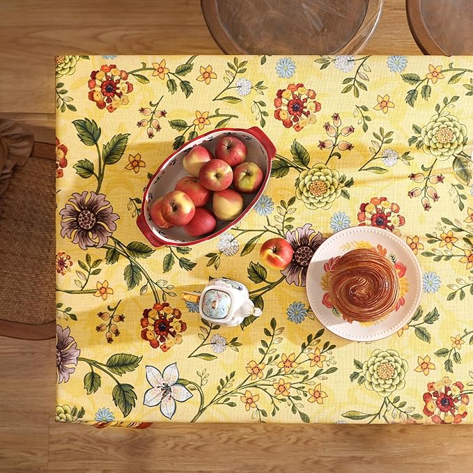 Vintage Linen Tablecloth for Rectangle Table,Yellow Floral French Wrinkle Free Extra Long Tablecloths,Decor Table Cover for Kitchen,Dining,Thanksgiving,Farmhouse,67" × 118"-Bellano