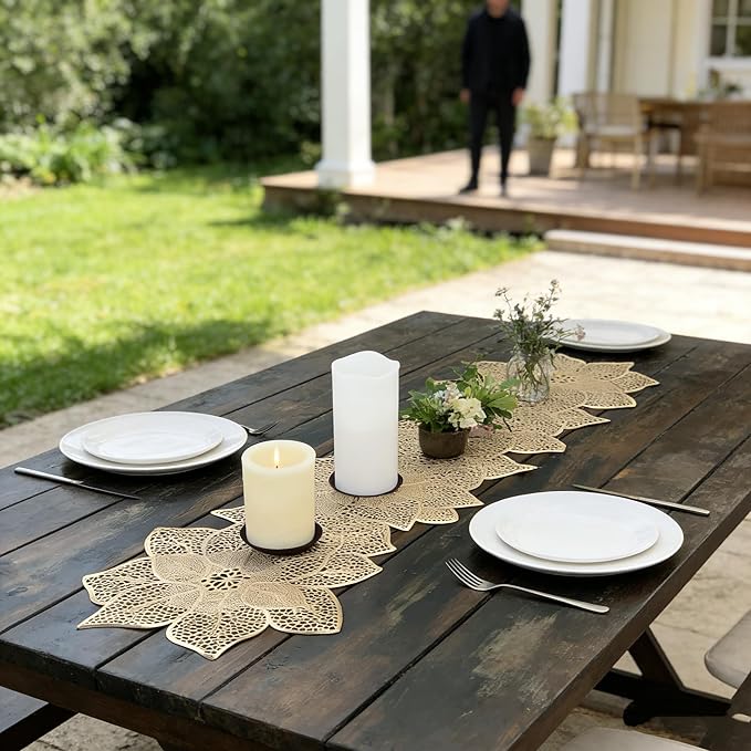 FAVE Gold Table Runners 36 Inches Heat Resistant Table Runner Flower Shaped Vinyl Table Runner Waterproof Washable Table Mats for Wedding, Banquet, Birthday,Party,Restaurant(Gold Flower Shaped)