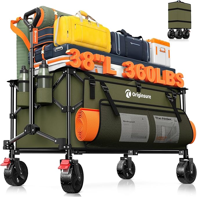 220L Collapsible Wagon Cart Foldable, 38" L Extra Large Heavy Duty Folding Beach Wagons with All-Terrain Wheels, Utility Carts for Camping, Sports, Shopping, Groceries - Green