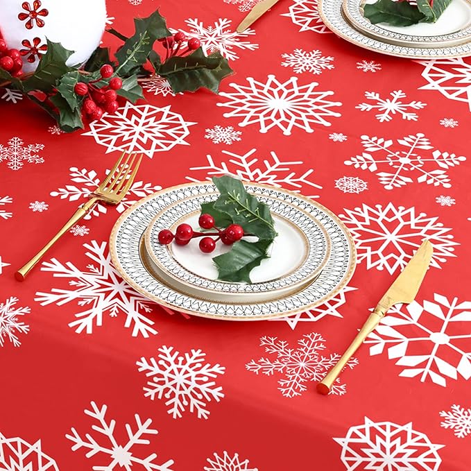 misaya Rectangle Waterproof Vinyl Table Cloth, Wipeable Tablecloth with Flannel Backing, Plastic Table Cover for Dinner, Christmas Party (Red Snowflake, 52" x 70")