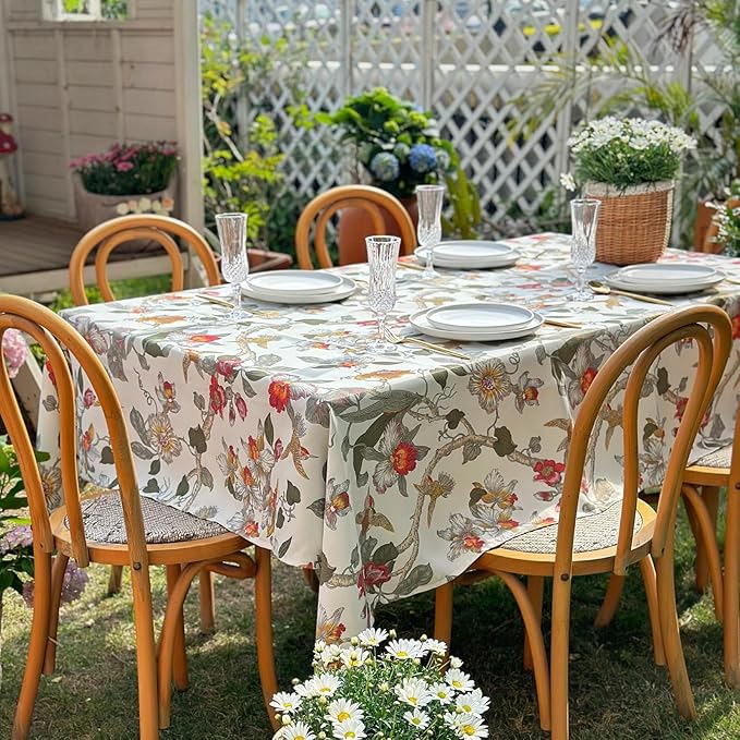 Rectangle Waterproof Tablecloth, Spring Summer Birds Floral Table Cloth, Decorative Fabric Table Cover for Indoor and Outdoor, 72 x 54 Inch, Red Flower