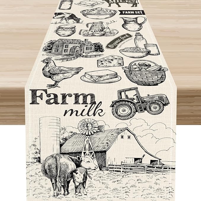 Farm Animals Table Runner, Rustic Farmhouse Rooster Cow Chicken Black Print Watercolor Coffee Table Center Decor for Home Kitchen Dining Patio Party Indoor Outdoor Table Decorations, 13" X 72"