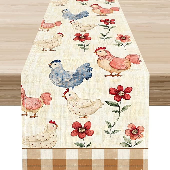 Farmhouse Rooster Table Runner, Rustic Farm Chicken Brown Plaid Flower Plant Watercolor Coffee Table Center Decor for Home Kitchen Dining Patio Party Indoor Outdoor Table Decorations, 13" X 90"