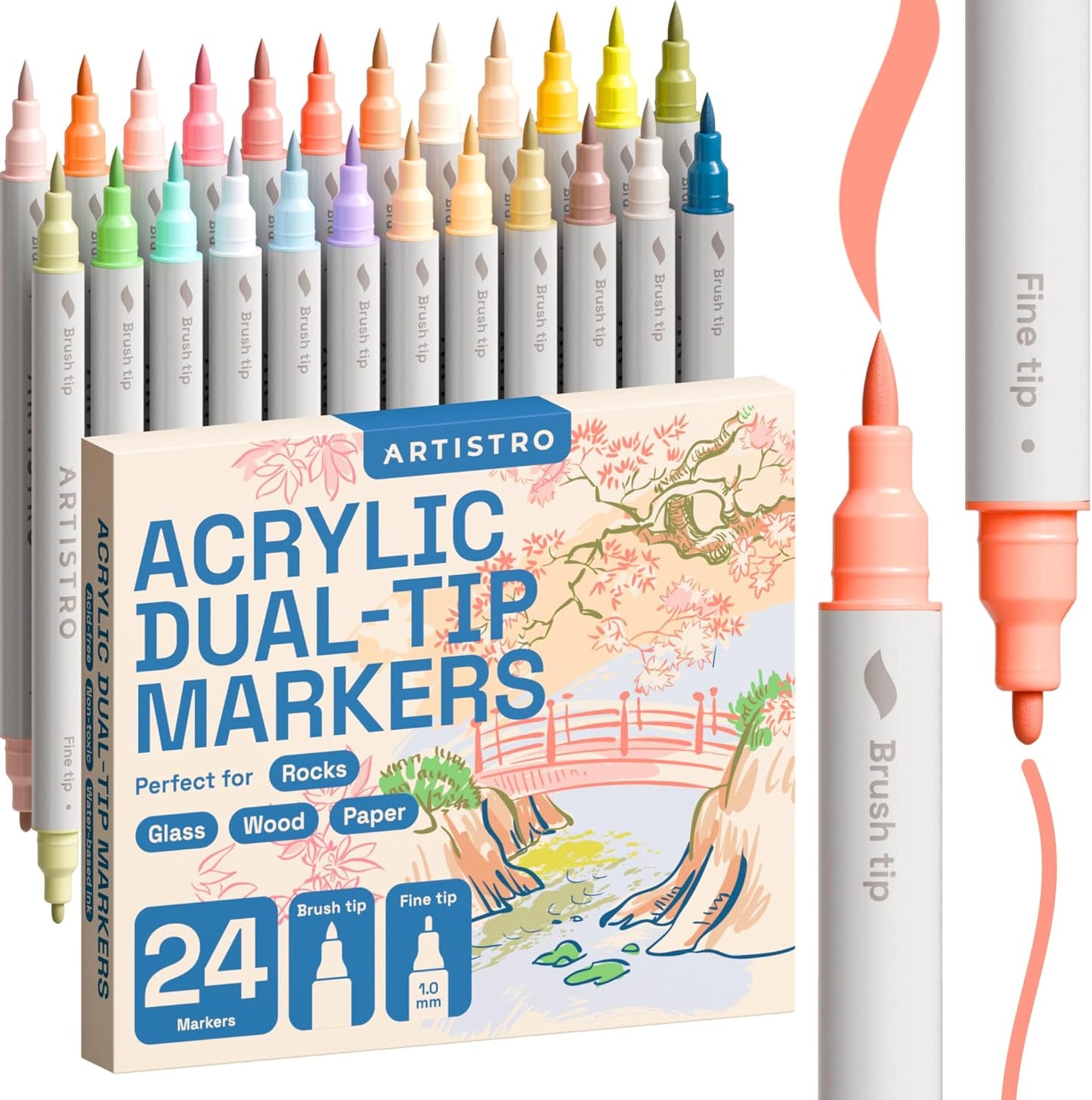 ARTISTRO 24 Pastel Dual Tip Brush + Fine Acrylic Paint Markers - Easy for All Ages & Levels Paint Pens for Fabric, Rock, Glass, DIY - Halloween Pumpkin Painting Kit, Art Supplies, Christmas Gift