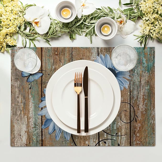 Giwawa Rustic Daisy Placemats Set of 4- Blue Sunflowers on Vintage Wood Board Linen Place Mat- Farmhouse Wooden Washable Heat Resistant Table Mats for Kitchen Dining Cabin Lodge Decor