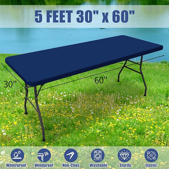 Spandex 5 Foot Rectangle Table Cloth 6 Pack, Elastic Fitted Tablecloths for Picnic, Stretch Washable Patio Table Cover for Outdoor, Camping, Banquet and Parties (Navy, 30"x60")