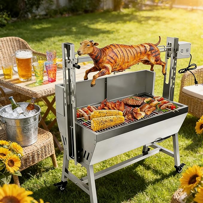 Electric Rotisserie Grill Kit with Windscreen, Large Charcoal Grill with Motor, Stainless Steel Automatic Pork Grill & Outdoor Lamb Goat Roaster, 132 Lbs Capacity for Camping Outdoor