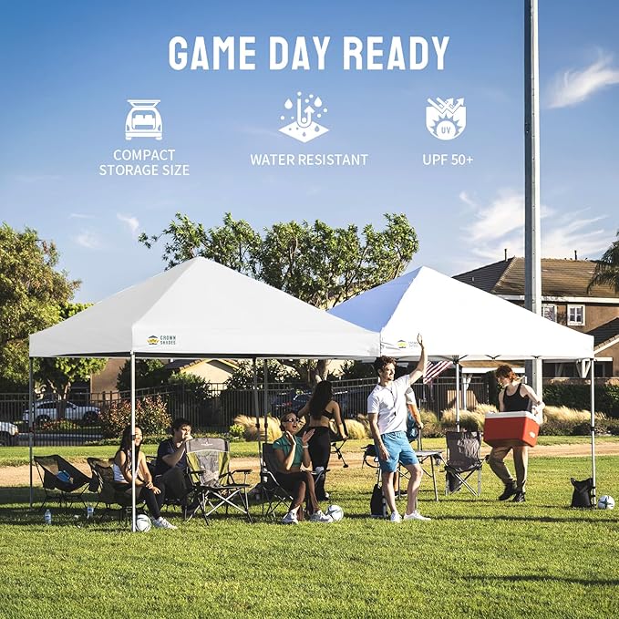CROWN SHADES 8x8 Pop Up Canopy - Beach Tent with One Push Setup - Easy Outdoor Sun Shade for Events, Parties, Camping - Gazebo with STO-N-Go Cover Bag, Silver Coated Top, White