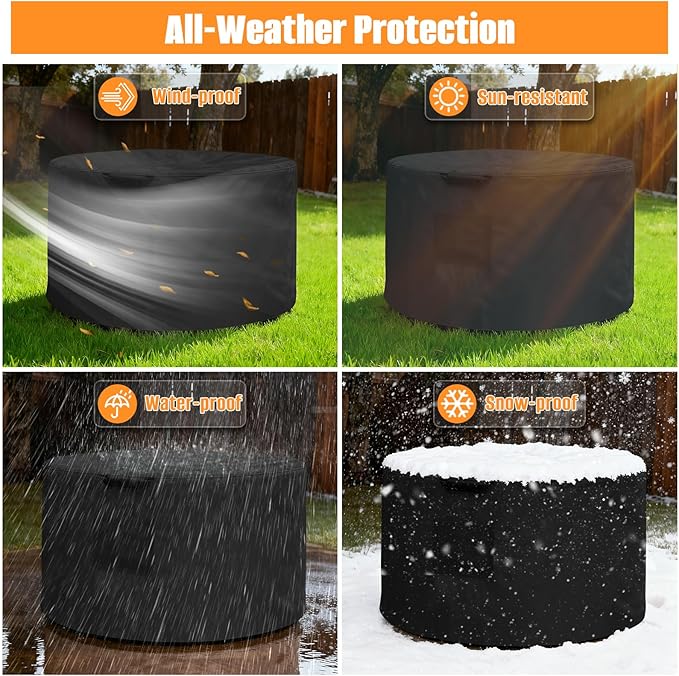 Kovshuiwe Round Gas Fire Pit Cover-600D Fabric Waterproof and Resistant Material，Fits Outdoor for 34-36 Inch Fire Pit/Table Cover, Patio Fire Bowl Cover-36 Dia x 20" H, Black