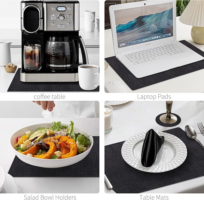 MOSAYT Faux Leather Placemats Set of 6, Heat Resistant Wipeable Washable Vinyl Place Mats with Coasters, Waterproof Oil Proof Table Mats for Kitchen Dining Party Indoor Outdoor, 12" x 18", Black