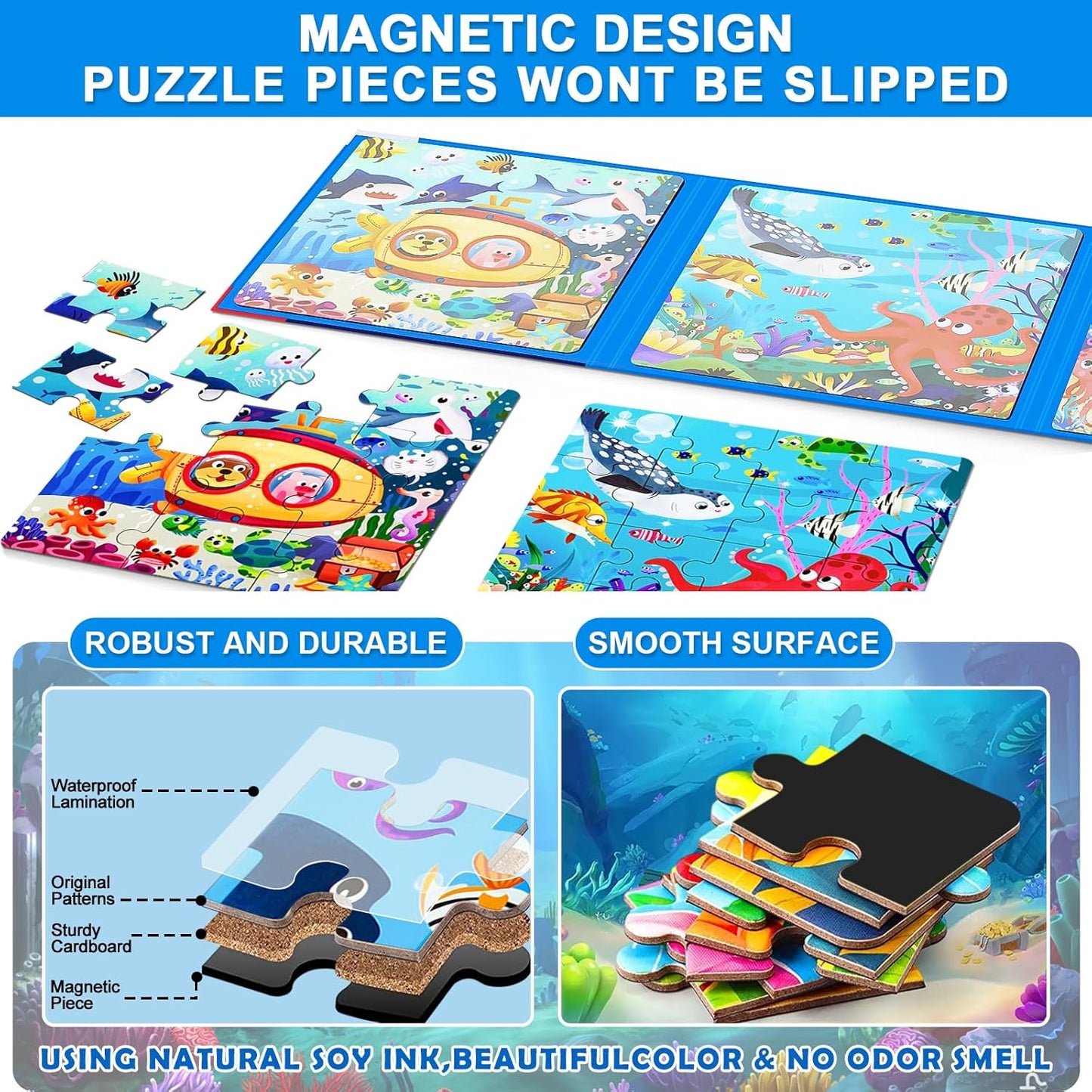 Magnetic Puzzles for Kids Ages 3-5, 3 in 1 Ocean World Toddlers Magnet Jigsaw Puzzle Book, Kids Travel Puzzles Toys, Preschool Learning Toy for Kids 3-8 Year (Ocean World)