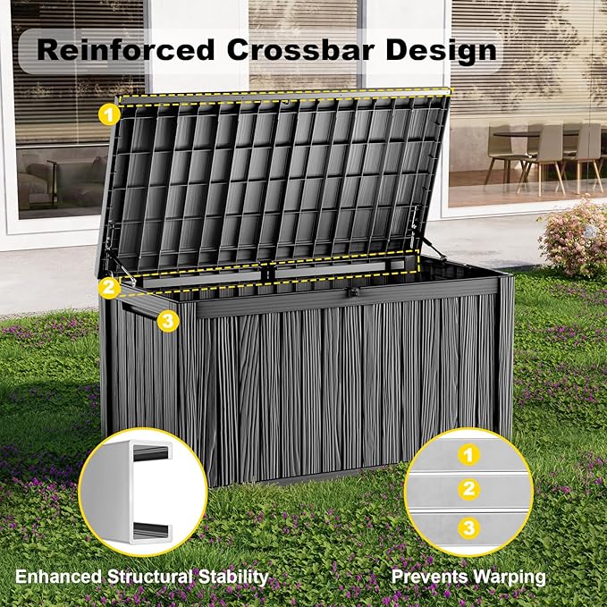 180 Gallon Waterproof Outdoor Storage Box, UV Resistant Resin Deck Box with Hydraulic Rod for Reinforced Stability, Perfect for Patio, Garden, and Pool（Black，180 Gallon）