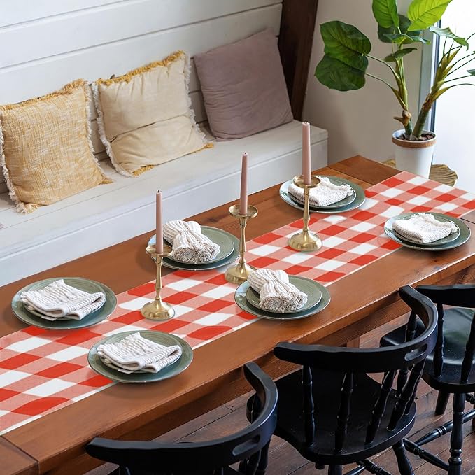 Fabric Checkered Table Runner 1 Pack Waterproof Gingham Table Runner 14W x 108L Buffalo Check Table Runners for Parties Kitchen Dining Wedding Banquet (Red and White)
