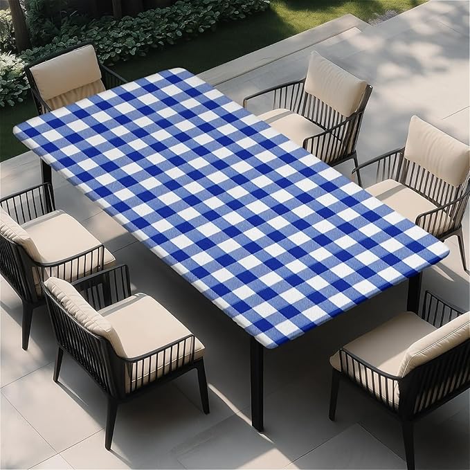 Rectangle Table Cloth Cover Waterproof Elastic Fitted Polyester Fitted Tablecloths for 4 Foot Tables for Indoor,Picnic, Camping, Outdoor （48" x 30"，Blue Grid）