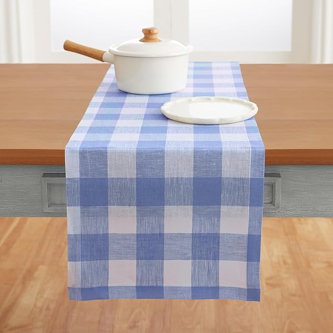 Solino Home Linen Checkered Table Runner 36 Inches - 100% Pure Linen Hydrangea Blue Buffalo Check Table Runner 14 x 36 Inch Ideal for Dresser and Coffee Tables - Winter, Spring, Easter