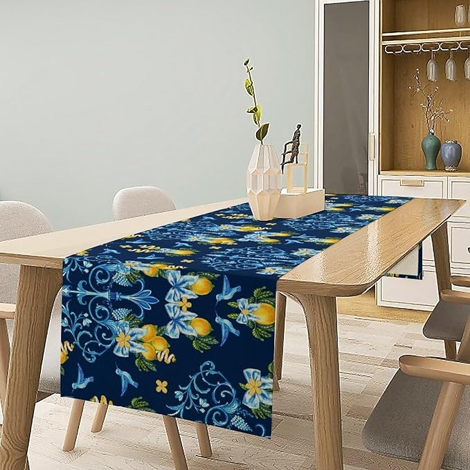 Lemon Fruit Table Runner Nature Bow Farmhouse Talavera Ethnic Folk Rustic Birds Aesthetic Dining Table Decoration for Home Holiday Party Dresser Kitchen Cabin Restaurant Wedding Decor 13×90in