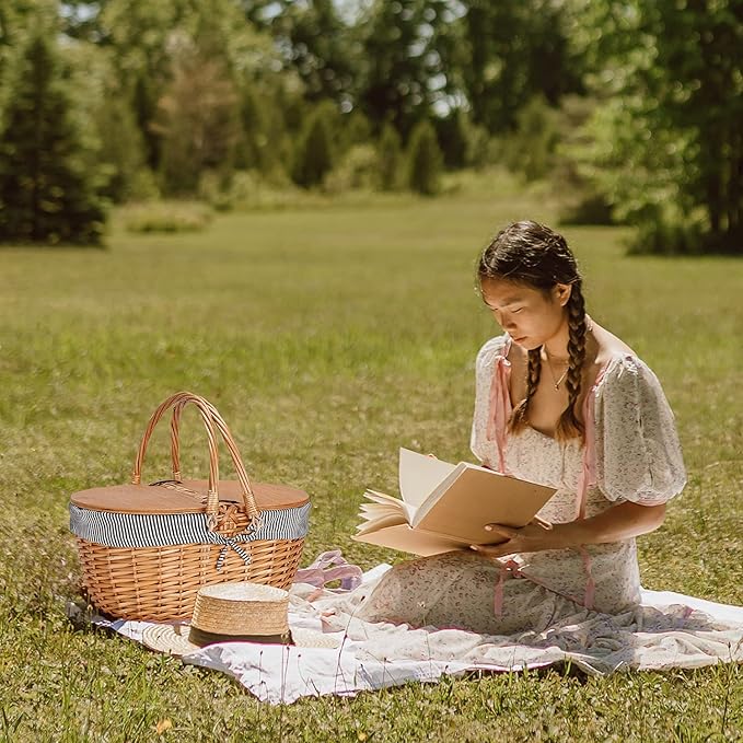 Wicker Picnic Basket with Liner, Wooden Split Lid Picnic Basket, Vintage-Style Picnic Hamper with Folding Woven Handle for Picnic, Camping, Outdoor, Valentine Day, Thanks Giving, Birthday (Grey)