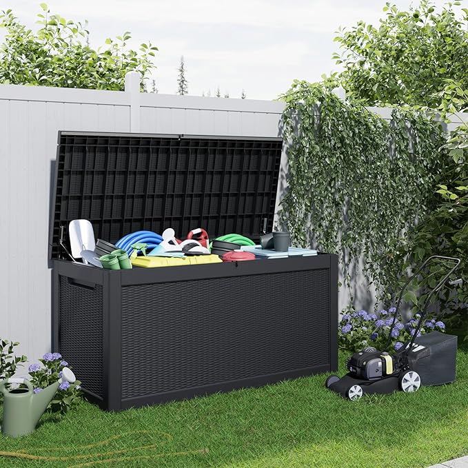 320 Gallon Large Deck Box,Resin Outdoor Storage Box with Lockable for Patio Furniture, Pool Accessories, Garden Tools Waterproof Outside Storage Box, Black