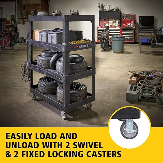 New Rubbermaid Commercial Products 4-Shelf Utility/Service Quad Cart, Heavy Duty Large, Lipped Shelf, Ergonomic Handle, 700 lbs. Capacity, for Warehouse/Garage/Cleaning/Manufacturing (2128657) Black