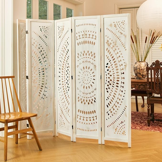 Room Divider Wood Carved Wall Divider Indoor Folding Bohemian Style Portable Partition Screen for Home Office Garden Terrace - 6 Panels (Antique, White-Washed)