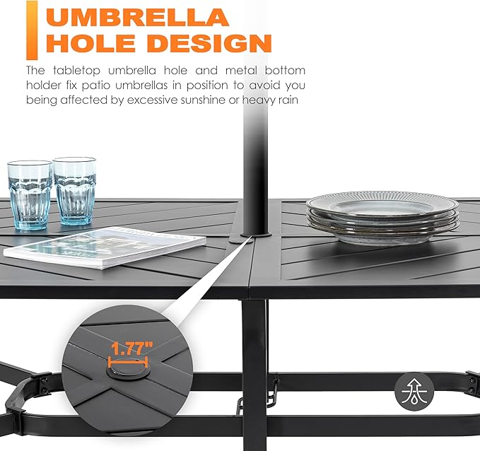NUU GARDEN 6-Person Outdoor Dining Table, All Weather Patio Table with Umbrella Hole, Backyard Bistro Table, Black, 61x37x29 inches, 150 LBS Load Capacity