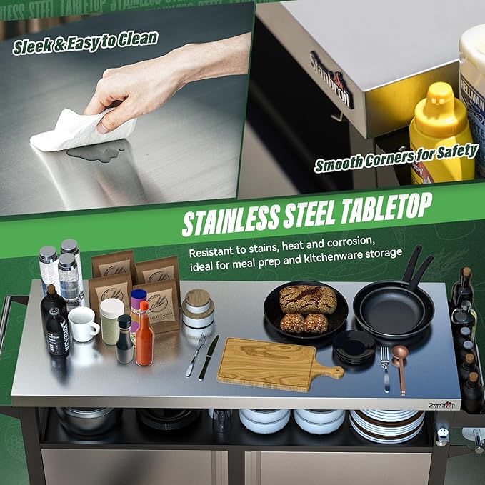 Stanbroil Rolling Outdoor Kitchen Island, BBQ Grill Cart with Stainless Steel Table Top, Double-Door Storage Cabinet & Pull-Out Shelf, Grill Table Cart for Outdoor Indoor, Large