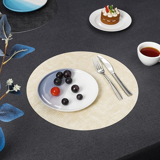 Myir JUN Round Placemats, Dual Sided Faux Leather Place Mats Set of 4 Indoor/Outdoor Non-Slip Washable Table Mats (Gray Cream-White, Set of 4)