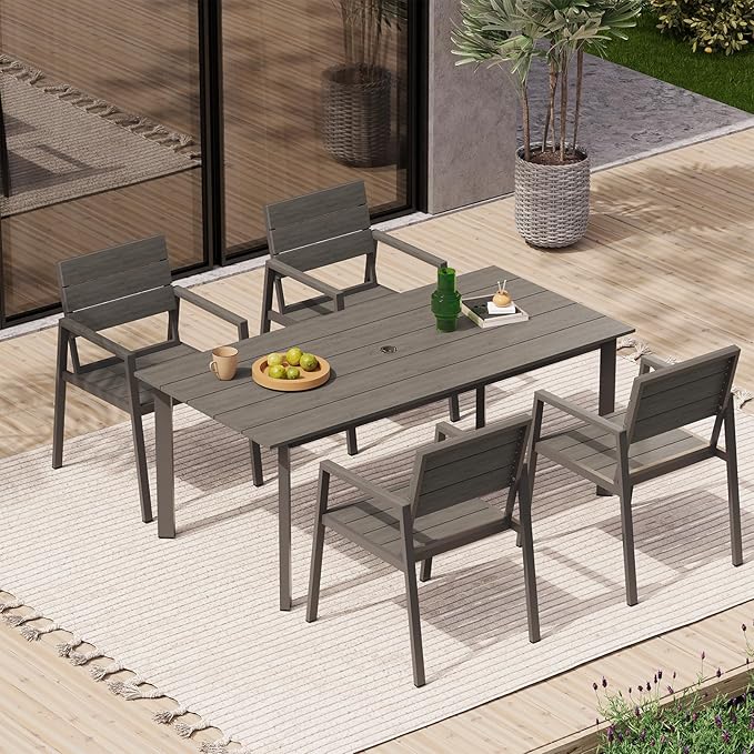 67" Rectangle HDPS Patio Dining Table, Aluminum Outdoor Patio Dining Table with Umbrella Hole, Weather-Resistant for Lawn, Garden, Yard, Poolside and Indoor Use (Gray & Teak)
