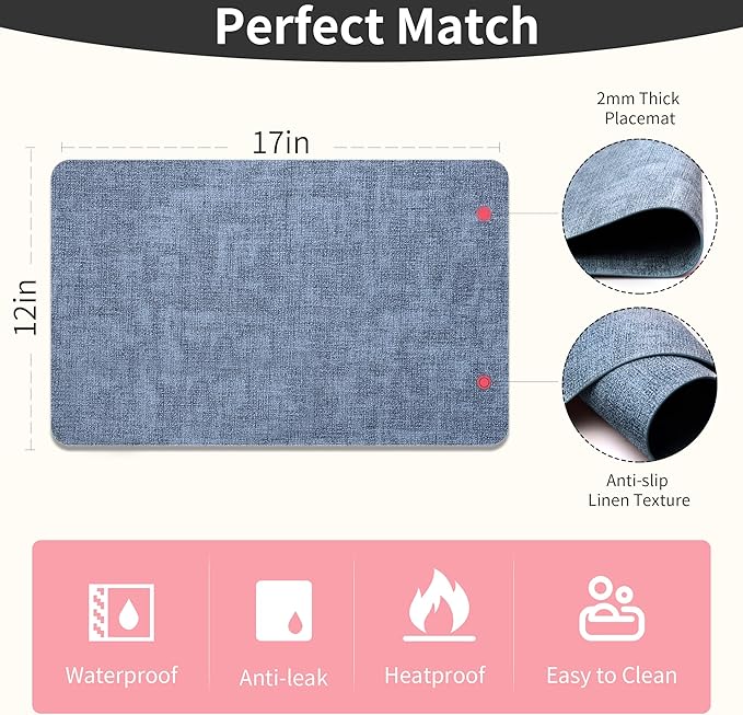 Maxpearl Faux Leather Placemats Set of 6 - Waterproof - Wipe Clean - Heat Resistant - Anti Slip Dining Table Place Mats, Suitable for Indoor & Outdoor Use, 17’’×12’’, Blue
